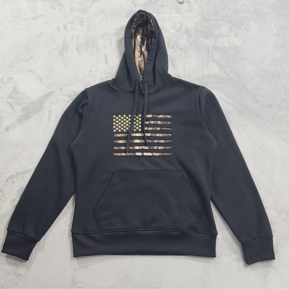 Mossy Oak‎ Hoodie Mens S Black Camo American Flag Fleece Pullover Sweatshirt